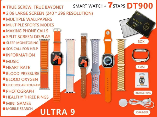 DT900 Ultra 49mm Smartwatch – Complete Set with 7 Stylish Straps & Crystal Protective Case (Color Varies)